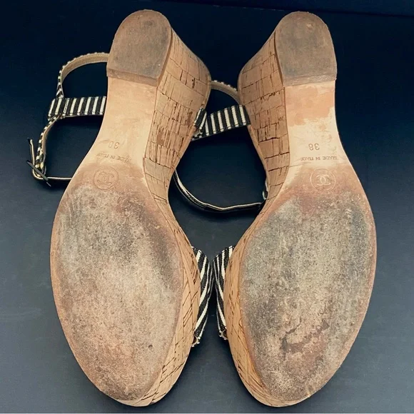 CHANEL Vintage Authentic Striped Fabric Platform Wedge Sandals w/ Cork Sole - Picture 15 of 15